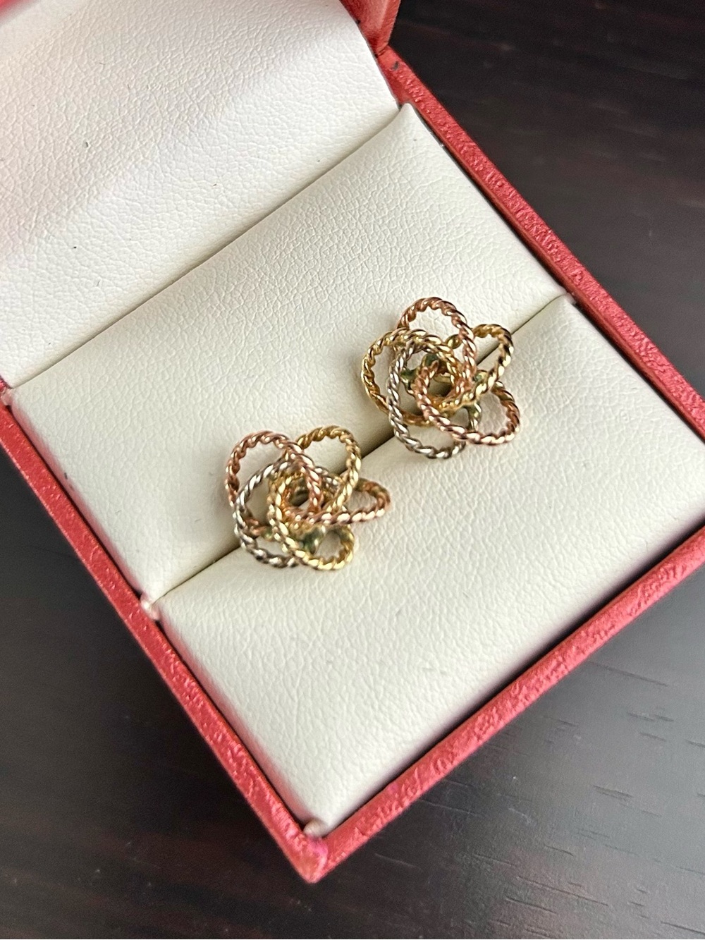 14k tri tone love knot earrings